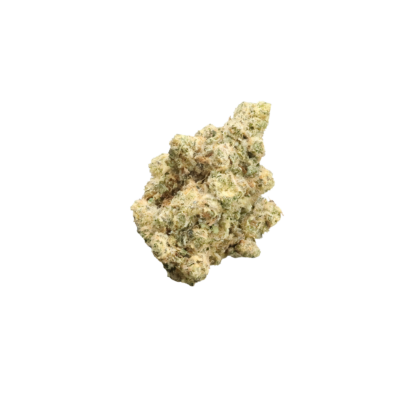 Close up of a cannabis bud covered in frosty trichomes on a black background
