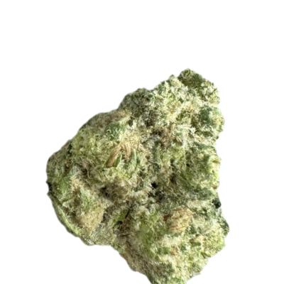 Close up of a frosty green cannabis bud with orange hairs against a black background