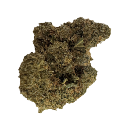 Dried cannabis bud with dense trichomes on a dark background