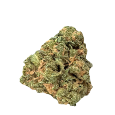 Close-up of a cannabis bud with orange hairs and frosty trichomes on a black background