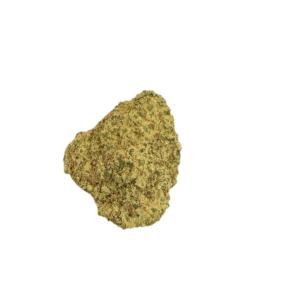 Dried cannabis flower bud with green and orange hairs on a black background