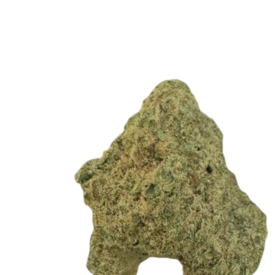 Rugged beige green rock with a small arch like opening at the bottom set against a black background