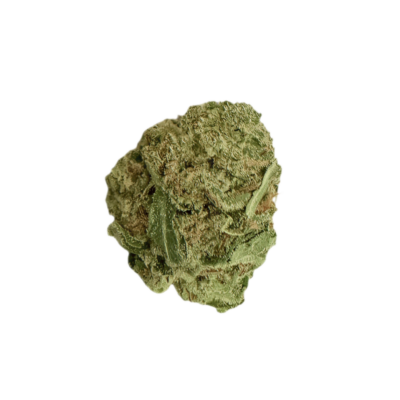 Close up of a frosty green cannabis bud against a black background showing trichomes and leafy calyxes