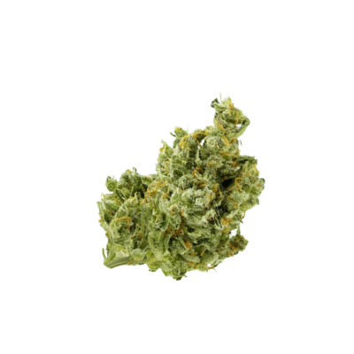 Close up of a frosty cannabis bud with dense green crystals and orange hairs on a black background showing trichomes and pistils