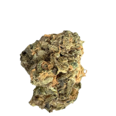 Close-up of a cannabis bud with orange hairs and frosty crystals on a black background.