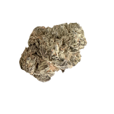 Dense cannabis bud covered in frosty white trichomes on a black background. It has green-brown colors and a compact shape for a product photo.