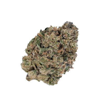 Close-up of a frosty cannabis bud with orange hairs on a black background under bright lighting.