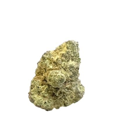 Rugged rock fragment with greenish-tan colors set against a black background.