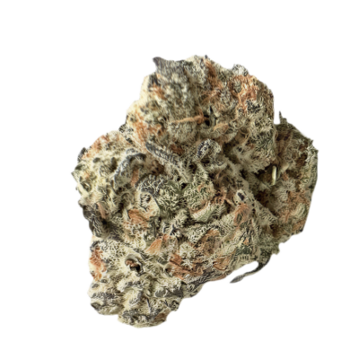 Dried cannabis bud with dense trichomes and orange pistils on a black background