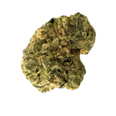 Close up of a green cannabis bud with orange hairs on a black background