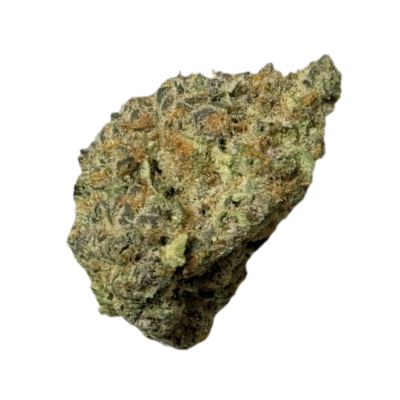 Close up of a cannabis bud showing green leaves orange hairs and frosty trichomes against a dark background