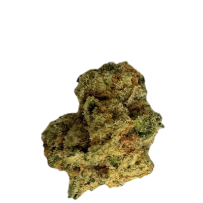 Close up of a cannabis bud marijuana nugget with green and orange hairs on a black background