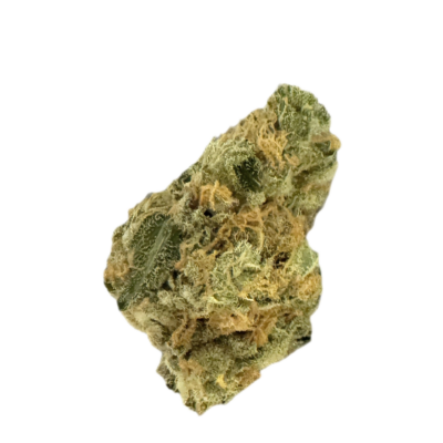 Dried cannabis bud with green leaves orange hairs and frosty trichomes on a black background