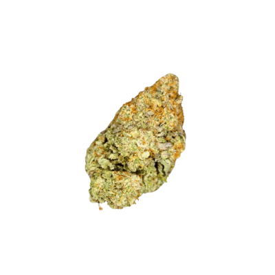 Close up of a green cannabis bud with orange hairs and a frosty coating on a black background