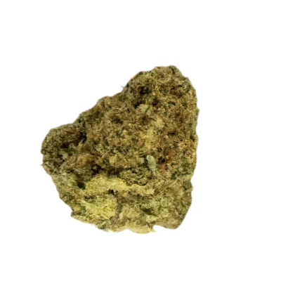 Dried cannabis bud on a black background showing green and orange hues with crystalline trichomes