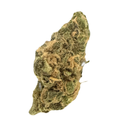 Close-up of a green cannabis nugget with orange pistils on a black background