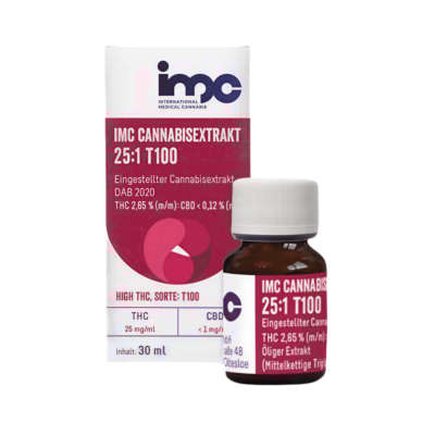 Packaging for IMC Cannabis displaying a white box with IMC logo and a red label reading IMC CANNABISEXTRAKT and a small brown bottle with a white cap in front
