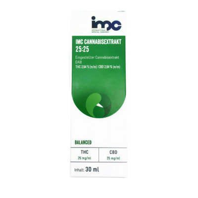 Package for IMC Cannabis Extract 25:25, showing THC/CBD content and dosage on a green label with IMC logo above the text.