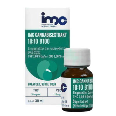 Box and brown glass bottle of IMC Cannabis Extract packaging; label shows 'IMC CANNABIS' and '10:10 B100' with green design elements.