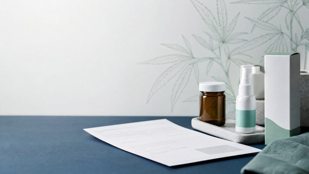 Rezeptdokument und neutrale Arzneimittelpackungen als Symbol für die veränderte GKV Versorgung mit medizinischem Cannabis
