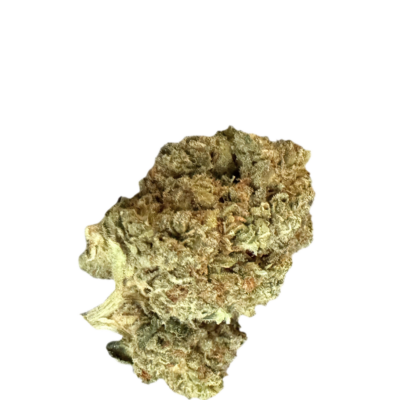 Close-up of a green cannabis bud with orange hairs and frosty trichomes on a black background.