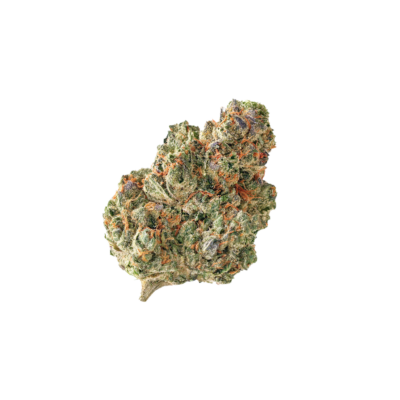 Close-up of a frosty cannabis bud with orange hairs on a dark background (macro shot).