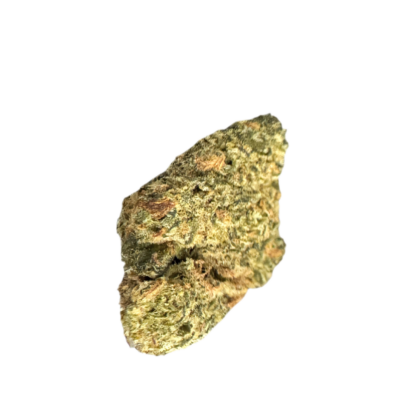 Close up of a cannabis bud with green leaves and orange hairs on a black background
